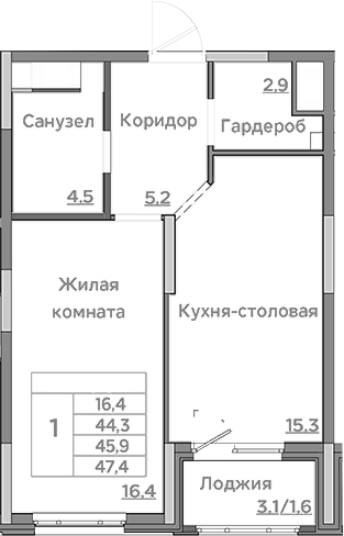 Планировка — Береговой, 2-комн., 44 м²
