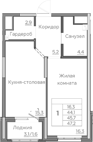 Планировка — Береговой, 2-комн., 44 м²