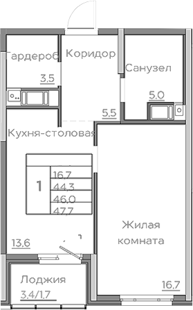 Планировка — Береговой, 1-комн., 44 м²