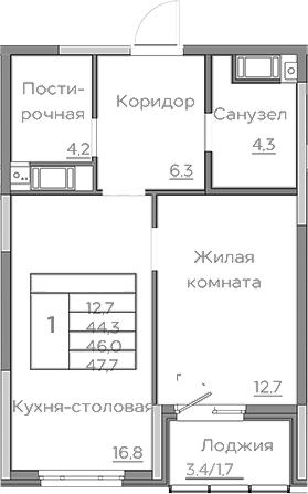 Планировка — Береговой, 2-комн., 44 м²