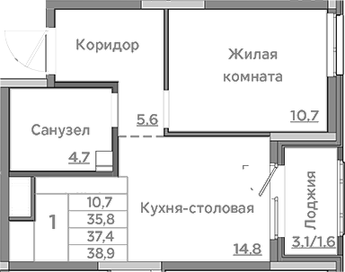 Планировка — Береговой, 1-комн., 36 м²