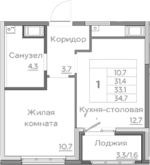 Планировка — Береговой, 1-комн., 32 м²