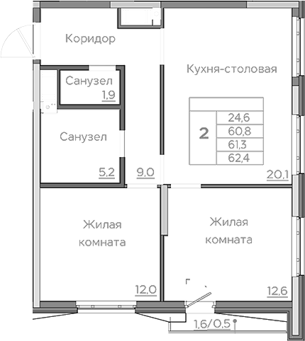 Планировка — Береговой, 3-комн., 61 м²