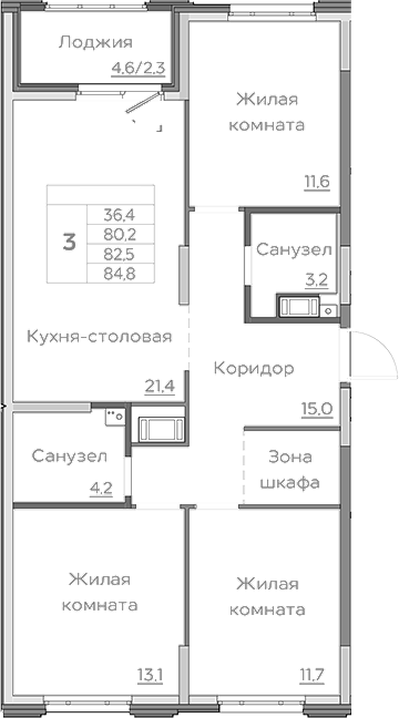 Планировка — Береговой, 4-комн., 80 м²