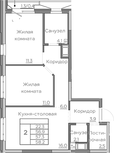 Планировка — Береговой, 3-комн., 57 м²