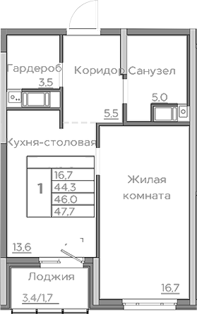 Планировка — Береговой, 1-комн., 44 м²