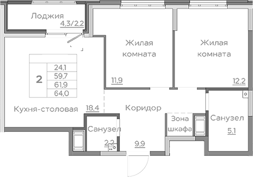 Планировка — Береговой, 3-комн., 60 м²