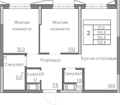 Планировка — Береговой, 3-комн., 55 м²