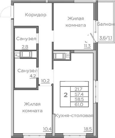 Планировка — Береговой, 3-комн., 57 м²
