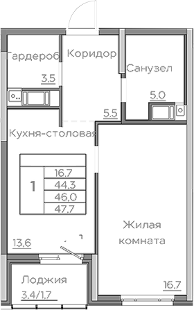 Планировка — Береговой, 1-комн., 44 м²