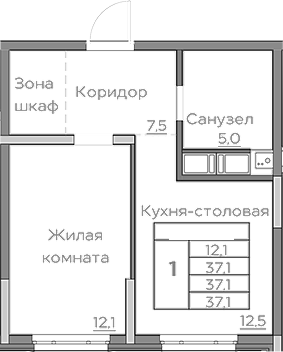 Планировка — Береговой, 1-комн., 32 м²
