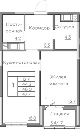 Планировка — Береговой, 2-комн., 44 м²