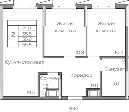 Планировка — Береговой, 3-комн., 56 м²