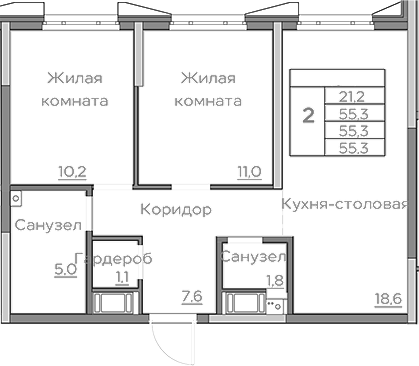 Планировка — Береговой, 3-комн., 55 м²