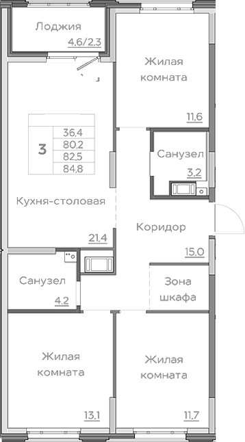 Планировка — Береговой, 4-комн., 80 м²