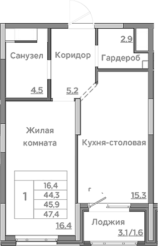 Планировка — Береговой, 2-комн., 44 м²