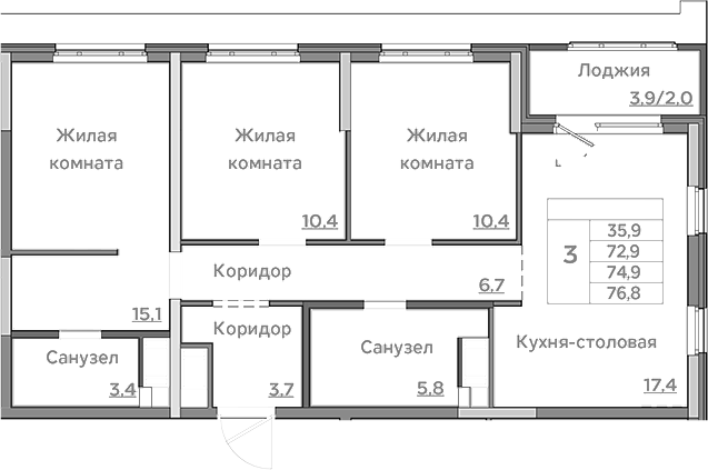 Планировка — Береговой, 4-комн., 73 м²