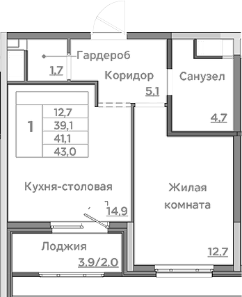 Планировка — Береговой, 1-комн., 39 м²