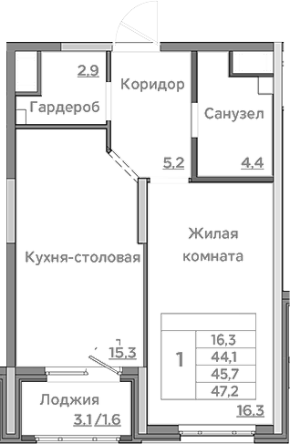 Планировка — Береговой, 2-комн., 44 м²