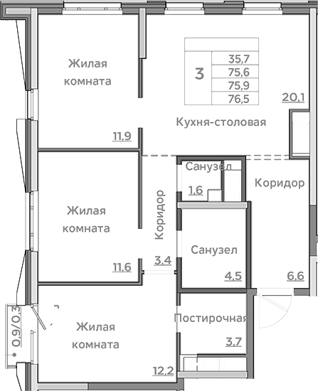 Планировка — Береговой, 4-комн., 76 м²