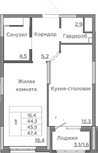 Планировка — Береговой, 2-комн., 44 м²