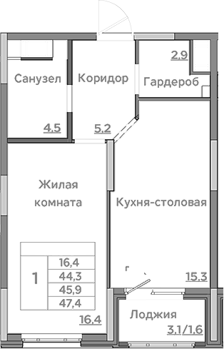 Планировка — Береговой, 2-комн., 44 м²