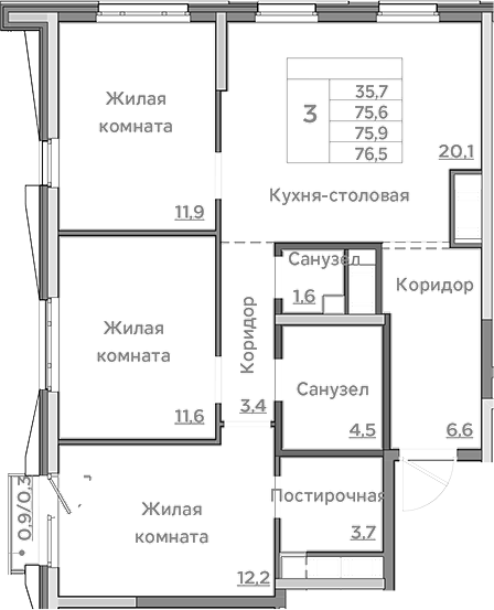 Планировка — Береговой, 4-комн., 76 м²