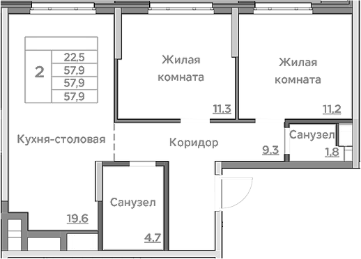 Планировка — Береговой, 3-комн., 58 м²