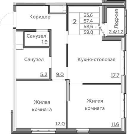 Планировка — Береговой, 3-комн., 57 м²
