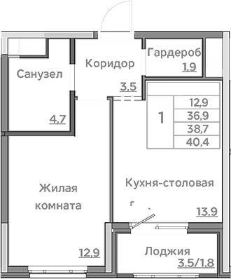 Планировка — Береговой, 1-комн., 37 м²