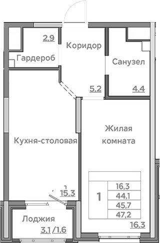 Планировка — Береговой, 2-комн., 44 м²
