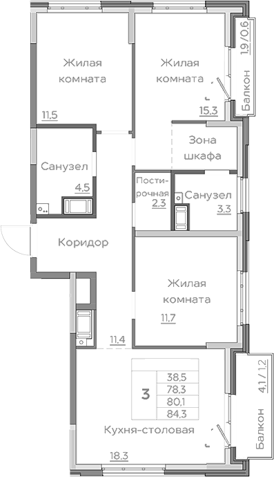 Планировка — Береговой, 4-комн., 78 м²