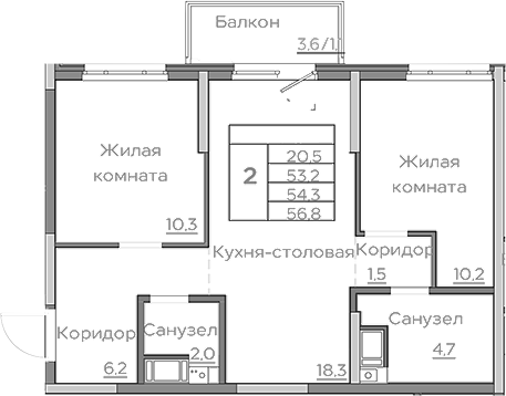 Планировка — Береговой, 3-комн., 53 м²
