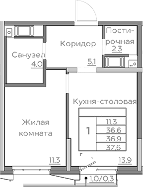 Планировка — Береговой, 1-комн., 37 м²