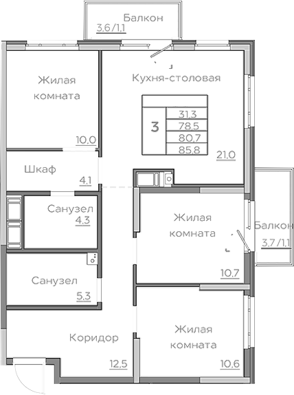 Планировка — Береговой, 4-комн., 79 м²