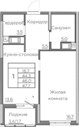 Планировка — Береговой, 1-комн., 44 м²