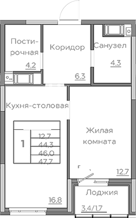 Планировка — Береговой, 2-комн., 44 м²