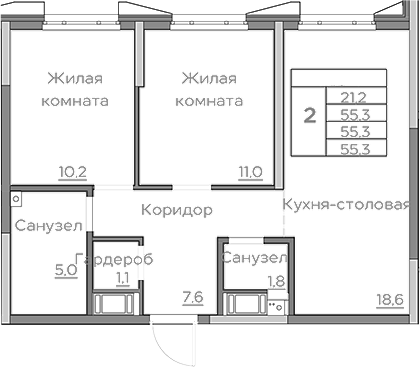 Планировка — Береговой, 3-комн., 55 м²