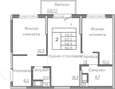 Планировка — Береговой, 3-комн., 53 м²