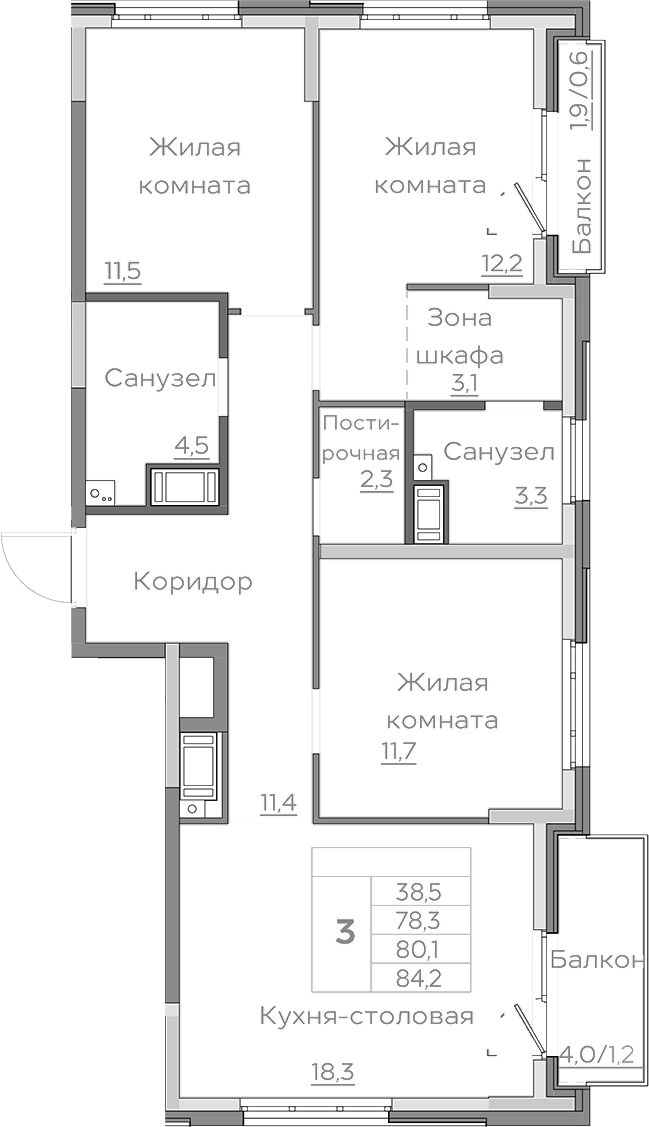 Планировка — Береговой, 4-комн., 78 м²