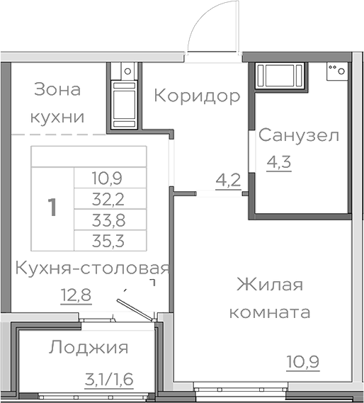 Планировка — Береговой, 1-комн., 32 м²