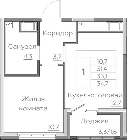 Планировка — Береговой, 1-комн., 32 м²