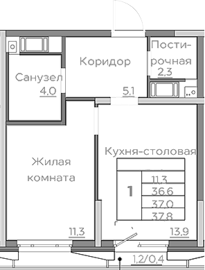 Планировка — Береговой, 1-комн., 37 м²