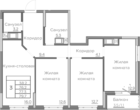 Планировка — Береговой, 4-комн., 76 м²