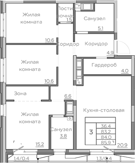 Планировка — Береговой, 4-комн., 83 м²