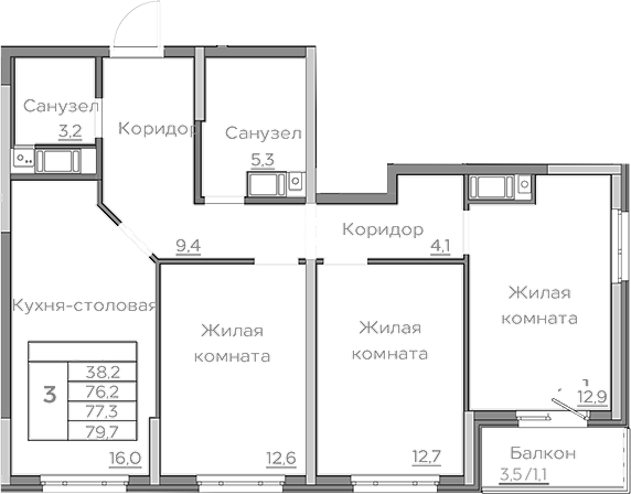 Планировка — Береговой, 4-комн., 76 м²