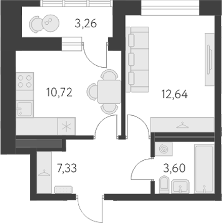 Планировка — Первый Академ, 1-комн., 34 м²