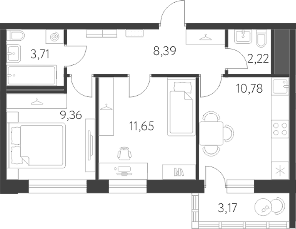 Планировка — Первый Академ, 2-комн., 46 м²