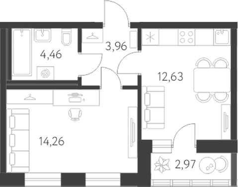 Планировка — Первый Академ, 2-комн., 35 м²