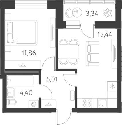 Планировка — Первый Академ, 2-комн., 37 м²